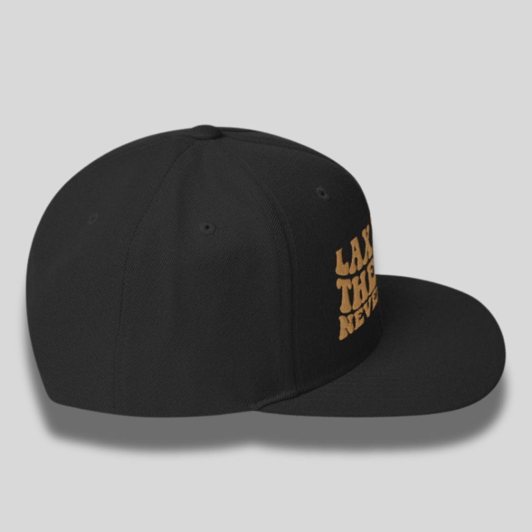 Premium “The Game Never Ends…” Snapback Lacrosse Hat | Black and Beige | Man - Off Field