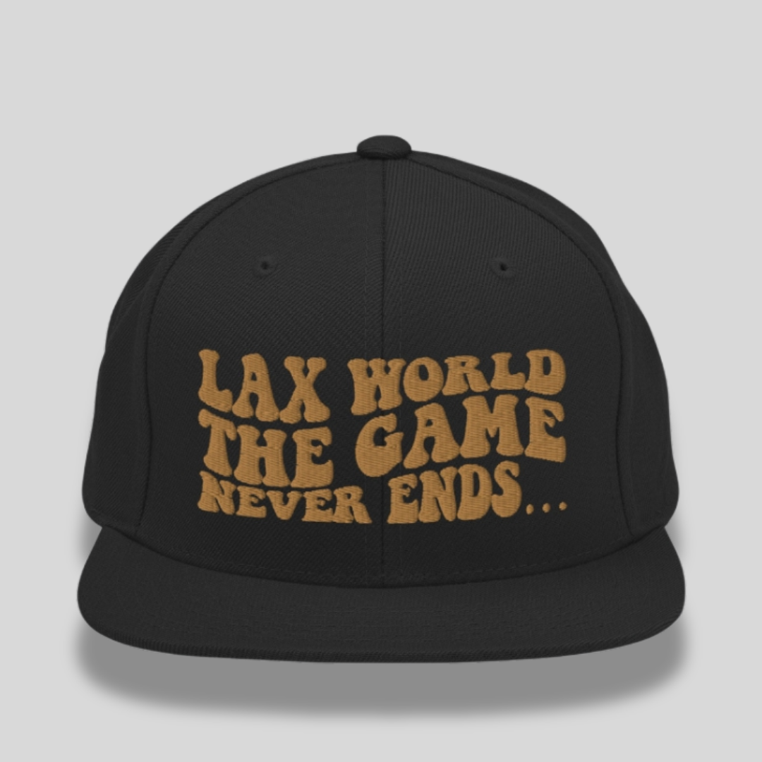 Premium “The Game Never Ends…” Snapback Lacrosse Hat | Black and Beige | Man - Off Field