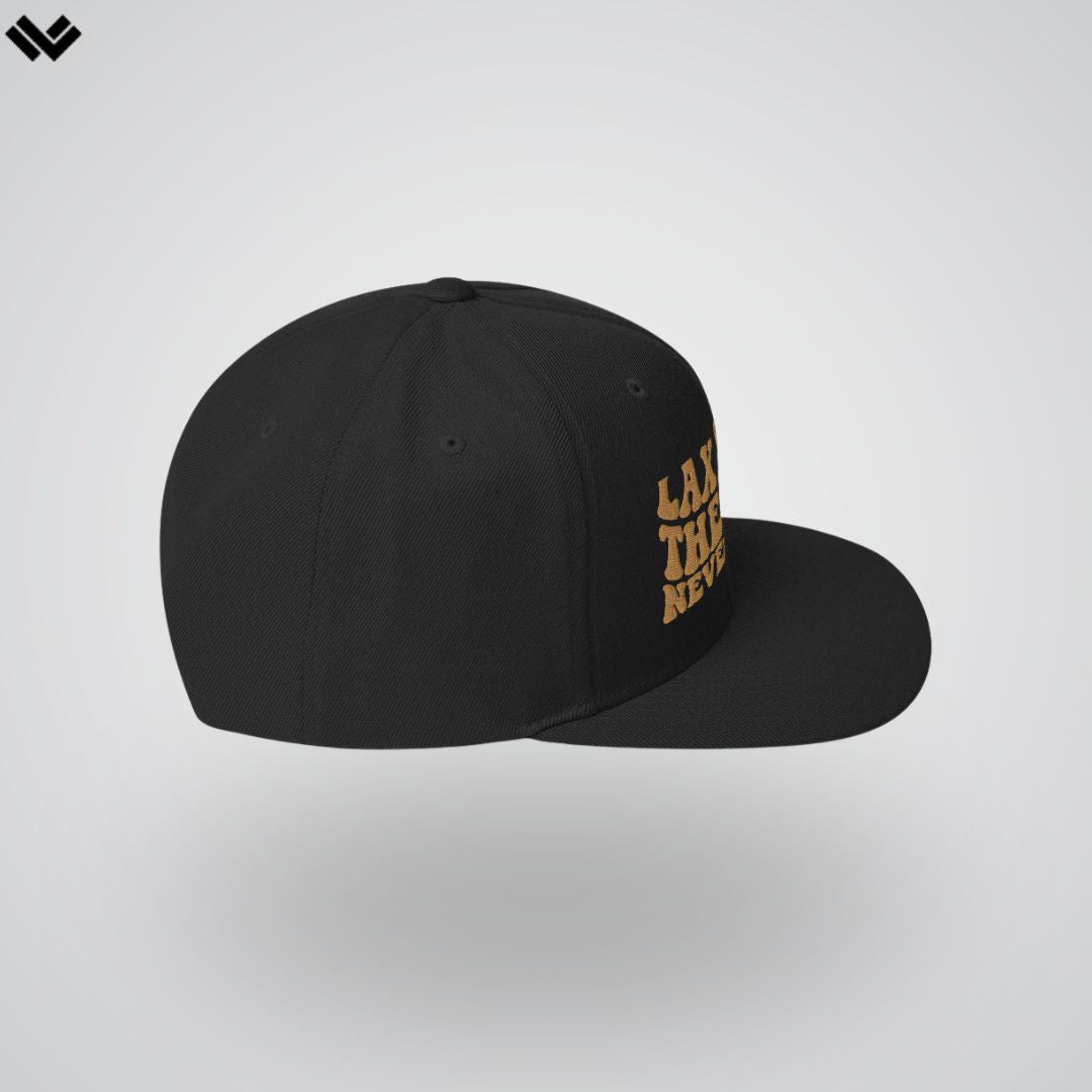 Premium “The Game Never Ends…” Snapback Lacrosse Hat | Black and Beige | Man - Off Field