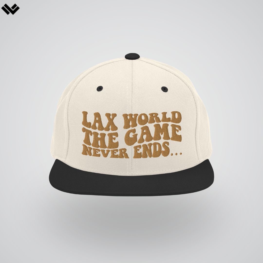 Premium “The Game Never Ends…” Snapback Lacrosse Hat | Black and Beige | Man - Off Field