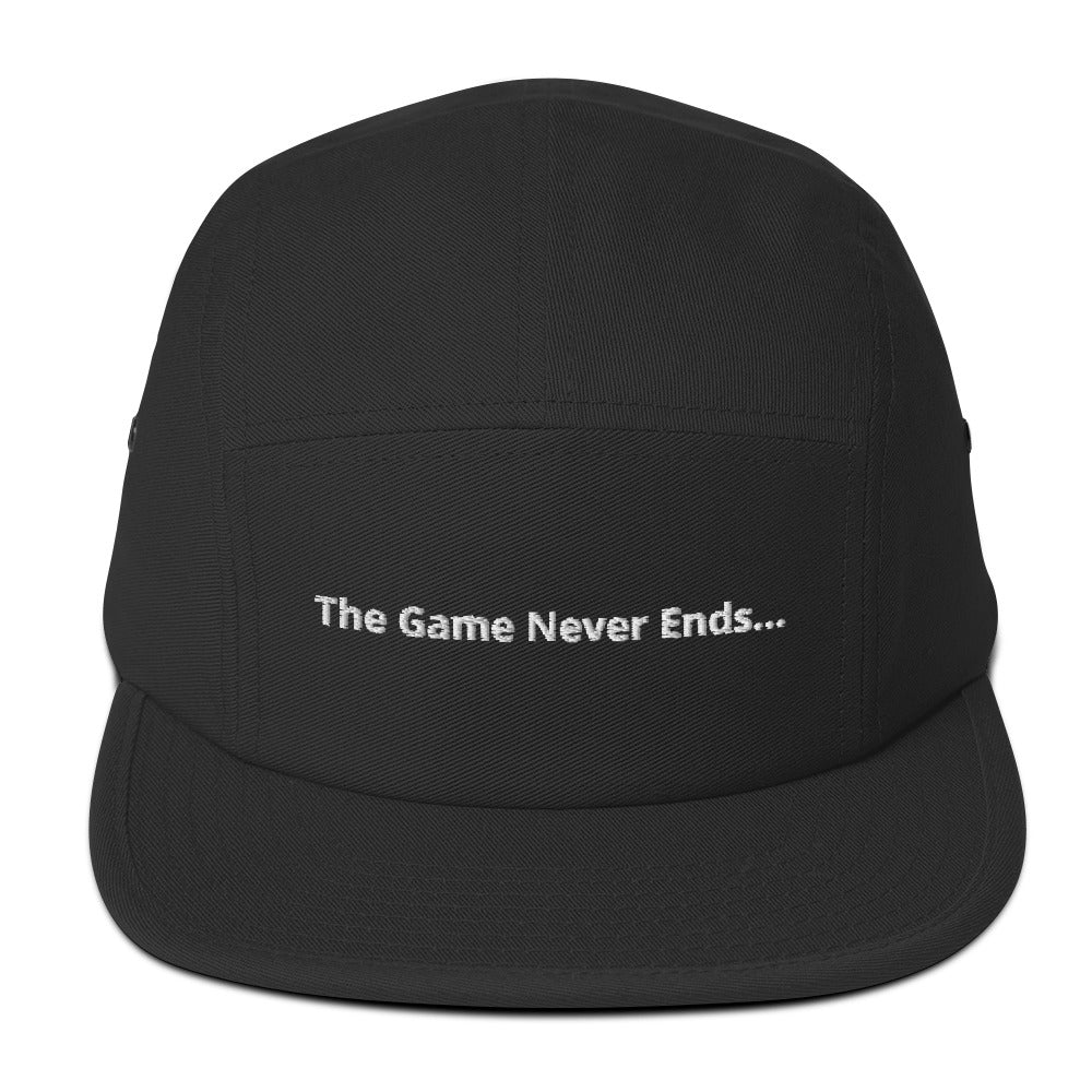 “The Game Never Ends…” Classic Black Five Panel Lacrosse Cap - Front 