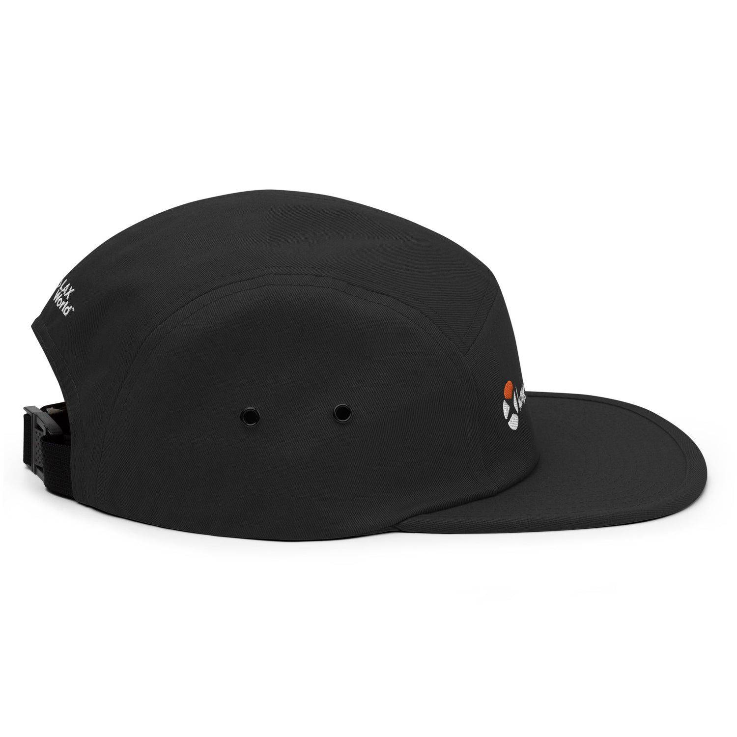 LAX World’s x Lacrosse The Nations’ Classic Black Five Panel Lacrosse Cap - Right Front 