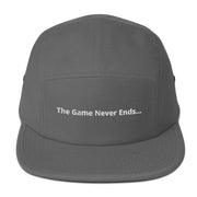  “The Game Never Ends…” Classic Black Five Panel Lacrosse Cap- Gray Front 