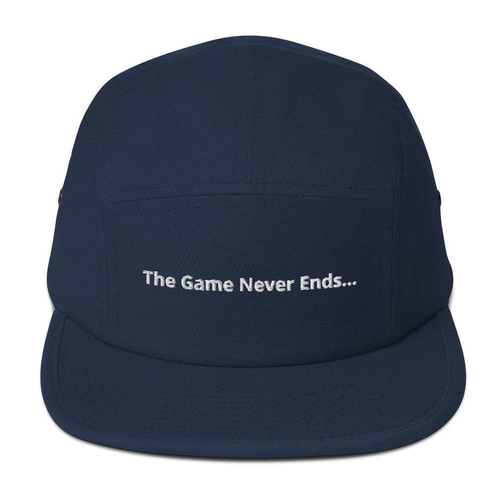 “The Game Never Ends…” Classic Black Five Panel Lacrosse Cap - Navy Front 