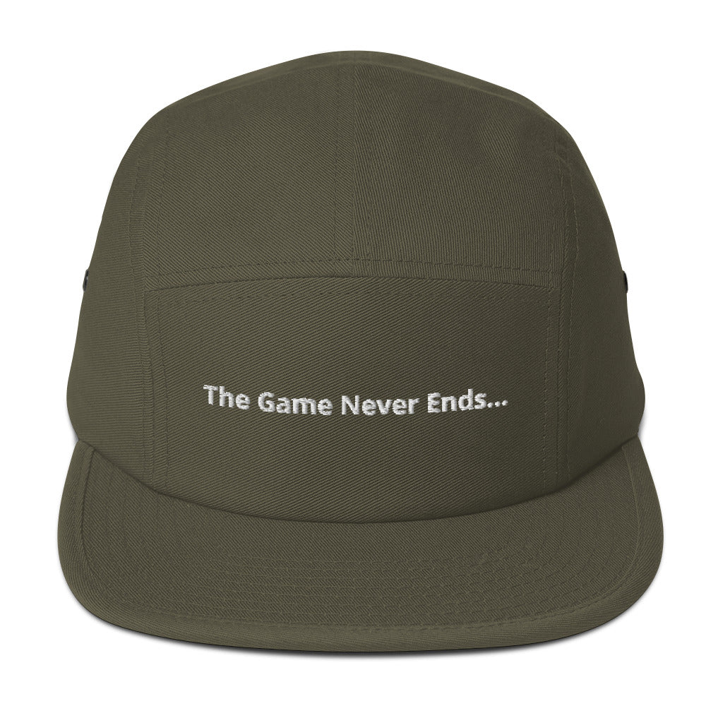  “The Game Never Ends…” Classic Black Five Panel Lacrosse Cap - Olive Front 