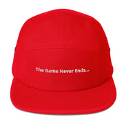 “The Game Never Ends…” Classic Black Five Panel Lacrosse Cap - Red Front 