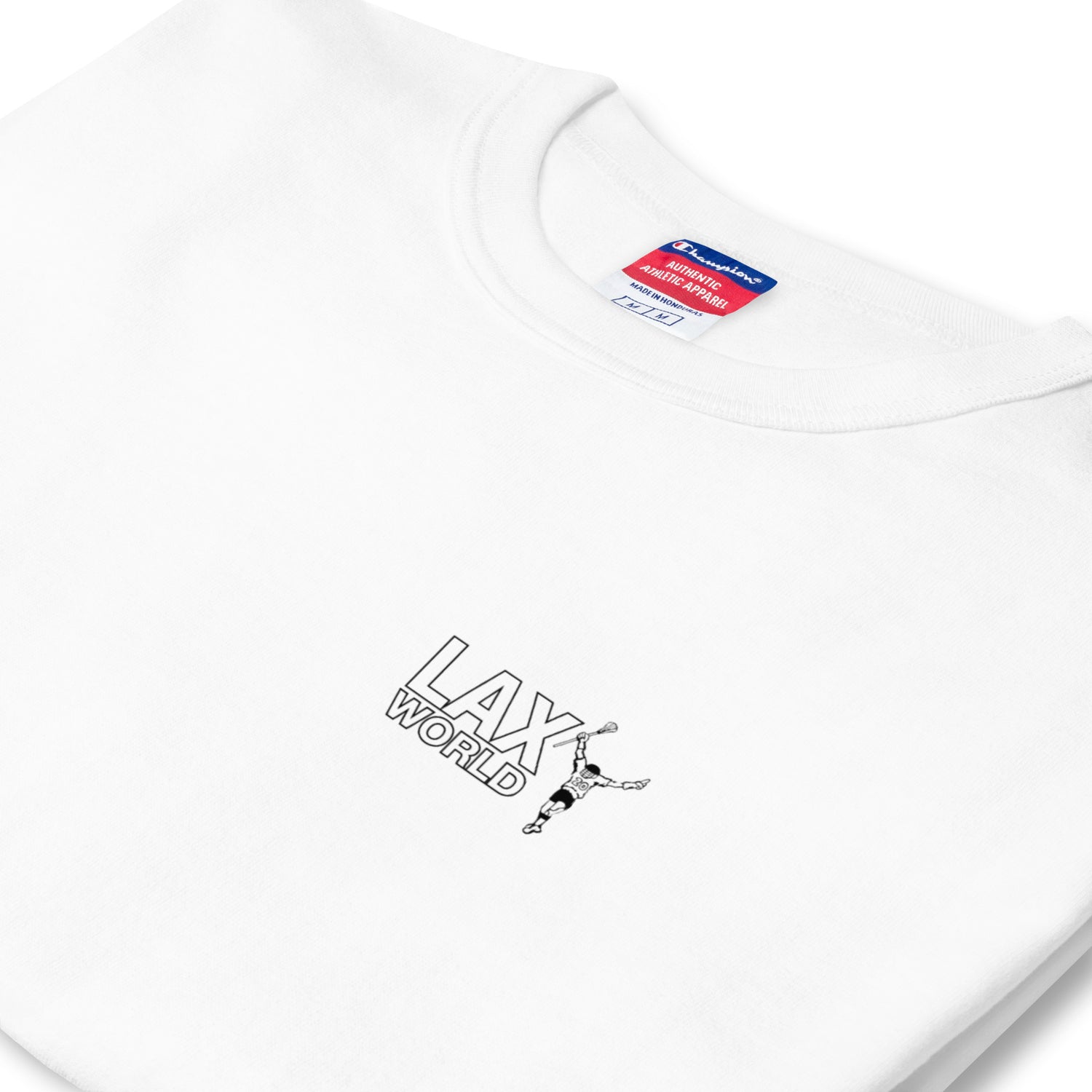 Premium LAX World x Champion's White Heritage Lacrosse Shirt - White Front top with Logo 