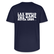 Under Armor Shooting Lacrosse Shirt ‘The Game Never Ends - navy Front with Amazing Design 