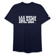 Under Armor Shooting Lacrosse Shirt ‘The Game Never Ends- navy Front with Text Design