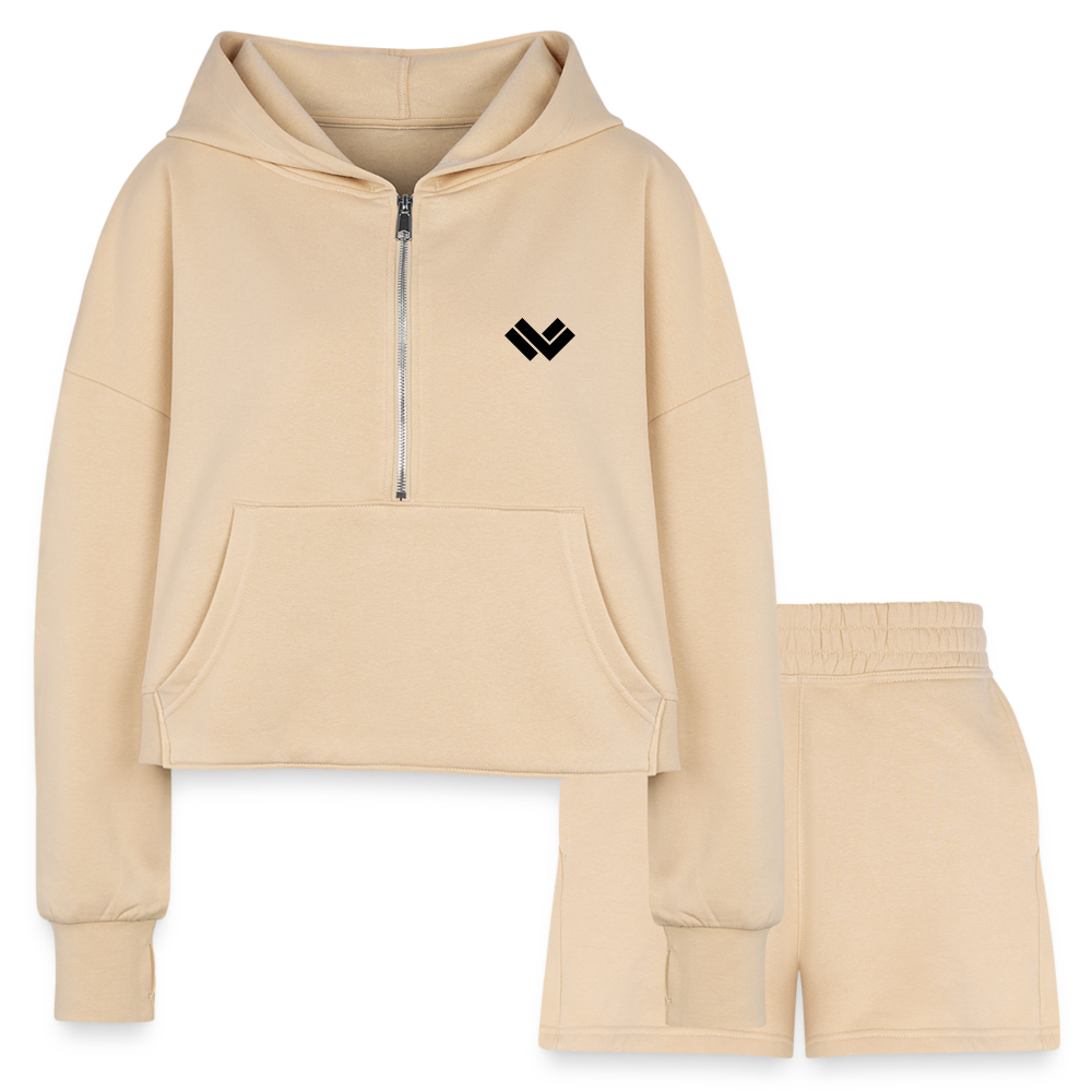 Plain Lacrosse Cropped Hoodie and Jogger Shorts Set - nude Front 