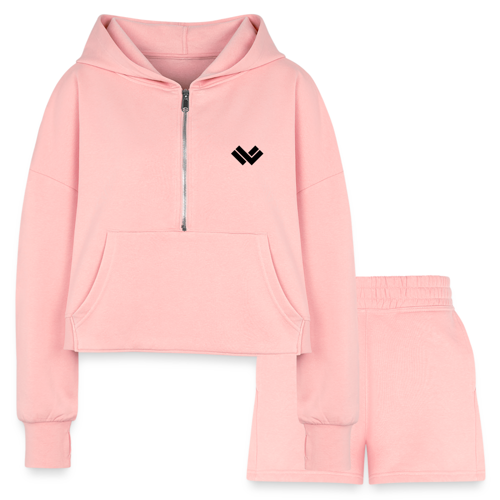 Plain Lacrosse Cropped Hoodie and Jogger Shorts Set  - light pink Front 