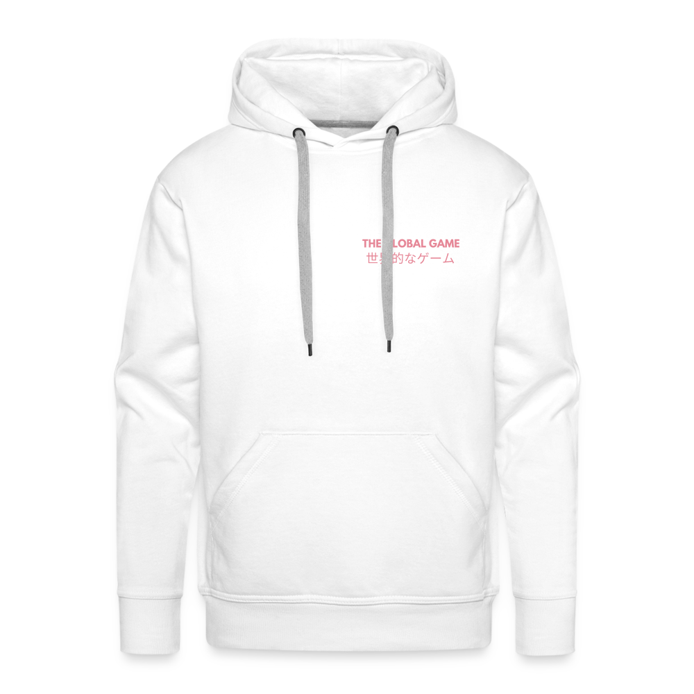 “The Global Game” Unisex Heavyweight White Lacrosse Hoodie - Front 
