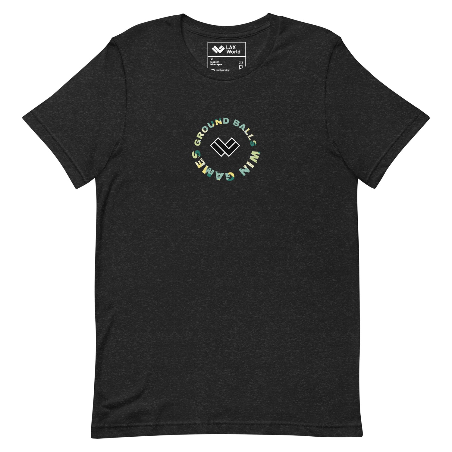 LAX World - ‘Ground Balls Win Games” Multicolor Unisex Lacrosse T Shirt- Front 