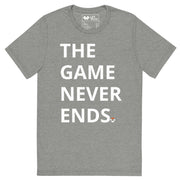 Lacrosse T Shirt ‘The Game Never Ends’  Athletic Grey Front
